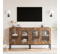 GarveeMore Buffet Bas Vintage Rustique en Bois - Lot de 2 | Avec portes en verre cannelé, étagères réglables, pieds en métal - Table basse ou meuble d'appoint pour salon, salle à manger