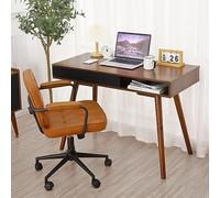 GarveeMore Bureau d’écriture Compact 108 cm Style Mid-Century Moderne - Table Ordinateur étroite en Bois - tiroir + étagère de Rangement - pour Petit Espace, Appartement/Chambre/Home Office - Noyer +