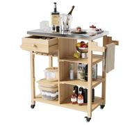 GarveeMore Chariot Barbecue Extérieur avec Armoire Bois | plan de travail 31,5x18", armoire bois avec tiroir, étagères ouvertes et roulettes verrouillables, îlot de cuisine pour patio
