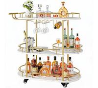 GarveeMore Chariot de Bar sur roulettes 4 Niveaux, desserte Mobile en métal - Porte-Bouteilles & Porte-Verres - Plateau tournant 360° pour Cuisine/Salon/Salle à Manger - Or