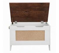 GarveeMore Coffre à Jouets en Bois avec Couvercle, Banc de Rangement Style Farmhouse - Façade rotin - Charnières de sécurité - Frais Max 159 kg - 30" - Plateau Brun + Caisson Blanc
