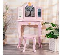 GarveeMore Coiffeuse Enfant Princesse 2-en-1 en MDF, Table + Tabouret - Miroir triptyque Amovible - Tiroir de Rangement, jetons arrondis - Jeu d’Imitation, Coloris Rose européen
