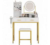 GarveeMore Coiffeuse Moderne avec Miroir LED Rotatif 360°, 2 tiroirs, 5 étagères Ouvertes, Prises et Ports USB, Tabouret rembourré - Rangement Pratique pour Chambre/Dressing - Finition Platine