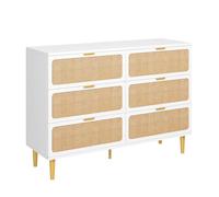 GarveeMore Commode 6 tiroirs en rotin tressé Style bohème/Farmhouse - Meuble de Rangement pour Chambre - Tiroirs Profonds, Grand Plateau - pour Dressing, Salon, Couloir - Couleur : Blanc