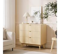 GarveeMore Commode cannelée 3 tiroirs 80cm | poignées métal, pieds en bois, coulisses silencieuses et système anti-basculement, finition chêne naturel ou noyer