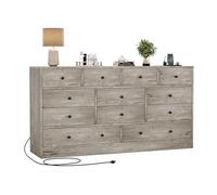 GarveeMore Commode Chambre 12 tiroirs 155 cm en Bois, Station de Frais intégrée, glissières métal, Grand Meuble de Rangement & Meuble TV Long - Chêne Antique Clair