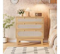 GarveeMore Commode d’entrée en rotin, 3 tiroirs - Meuble de Rangement étroit Style bohème - Finition chêne Clair, Pieds en Bois, kit Anti-basculement - Couleur : Bois