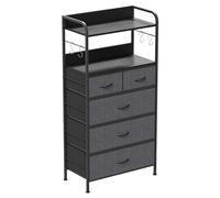 GarveeMore Commode Haute 5 tiroirs en Tissu, chiffonnier de Rangement avec étagères Ouvertes et Crochets, Cadre métal, Plateau Effet Bois, Gris foncé, 60 x 30 x 119,5 cm