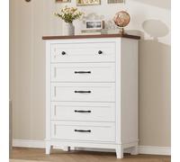 GarveeMore Commode Haute 5 tiroirs Style Farmhouse, Meuble de Rangement en MDF avec Dessus Effet Bois, poignées métal, pour Chambre à Coucher, Blanc et Brun