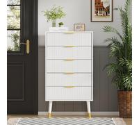GarveeMore Commode Haute Blanche 5 tiroirs cannelés | dimensions 60x39x105 cm, meuble de rangement pratique pour chambre, entrée, salon et bureau