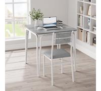 GarveeMore Ensemble Salle à Manger 3 pièces pour 2 Personnes - Table carrée + 2 chaises rembourrées, Compact Gain de Place, pour Petite Cuisine/Appartement, Plateau en MDF - Gris lavé + Tubes Blancs