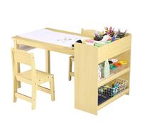 GarveeMore Ensemble Table d’activités Enfant + 2 chaises, Bureau d’Art en Bois/MDF 12 mm - étagères de Rangement + dérouleur de Papier - Dessin/écriture/Loisirs créatifs - Jaune