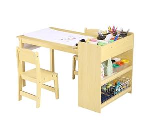 GarveeMore Ensemble Table d’activités Enfant + 2 chaises, Bureau d’Art en Bois/MDF 12 mm - étagères de Rangement + dérouleur de Papier - Dessin/écriture/Loisirs créatifs - Jaune
