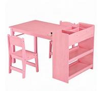 GarveeMore Ensemble Table d’activités Enfant + 2 chaises, Bureau d’Art en Bois réglable - Rangement Double Niveau + dérouleur de Papier - Compartiments Livres/Jouets, Dessin/Lecture, Salle de Jeux -