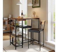 GarveeMore Ensemble Table de Bar 3 Pièces avec 2 Tabourets, Étagères et Porte-Bouteilles Intégré - Idéal pour Petit Espace Cuisine Appartement - Finition Bois Tigre