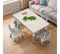 GarveeMore Ensemble Table Enfant + 4 chaises réglables 2-10 Ans - Plateau graphiti effaçable - 12 feutres Aquarelle, Pieds antidérapants - Gris foncé Effet Bois - Wood Grain Surface, Dark Gray