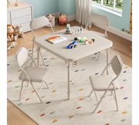 GarveeMore Ensemble table et chaises enfant pliant - Table carrée d’activités légère, surface PU facile à nettoyer, chaises avec coussins rembourrés, chambre/salle de jeux/crèche - Beige - 1 table + 4