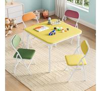 GarveeMore Ensemble table et chaises enfant pliant - Table carrée d’activités légère, surface PU facile à nettoyer, chaises avec coussins rembourrés, chambre/salle de jeux/crèche - Jaune - 1 table + 4