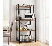 GarveeMore Étagère Cuisine Industrielle 4 Niveaux Brun Autoportante | 4 niveaux industrielle brun, support micro-ondes, bar café, panier métal, 8 crochets S, rack rangement autoportant