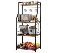 GarveeMore Étagère de Cuisine Industrielle 4 Niveaux avec Support Micro-Ondes/Mini-Four, Station café, Grand Panier grillagé, 8 Crochets en S, Rangement Utilitaire - Noir + Marron Rustique (Black +