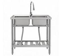 GarveeMore Évier double cuve professionnel sur pied en acier inoxydable 304 certifié NSF - Robinet estractible eau chaude/froide - Plan de travail intégré - Étagère de rangement - Idéal cuisine,
