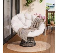 GarveeMore Fauteuil Papasan pivotant 360° pour Patio et Salon - Effet rotin Noir, Coussin épais Beige, Structure Acier Robuste, Assise Ergonomique, Usage intérieur/supplémentaireérieur