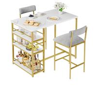 GarveeMore Gain de Place élégant - Ensemble Salle à Manger 3 pièces avec Table Haute et 3 étagères, 2 chaises Velours capitonnées - Idéal Appartement, Cuisine compacte, Style marbre doré et Gris -