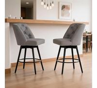 GarveeMore Lot de 2 tabourets de Bar pivotants 360° - Hauteur comptoir 66 cm (26") - Dossier, Tissu Effet Lin rembourré - Repose-Pieds, Montage Facile - Gris foncé - Couleur: Gris foncé