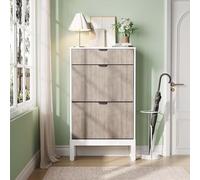 GarveeMore Meuble à Chaussures étroit 3 Tiroirs Portes Cannelées | Meuble à chaussures étroit gain de place, 2 tiroirs basculants + petit tiroir, portes cannelées, pieds métal, entrée couloir