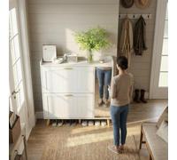 GarveeMore Meuble à Chaussures étroit avec Miroir Pleine Longueur - 2 tiroirs abattants, étagères réglables, Rangement latéral - Armoire d’entrée/Couloir/Chambre/Salon - Blanc