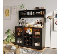 GarveeMore Meuble Bar Moderne LED, Armoire à Boissons avec Porte-Verres - 9 Porte-Bouteilles, 6 Crochets, étagères réglables, Prise intégrée - Buffet de Rangement Cuisine, Noir, Standard US