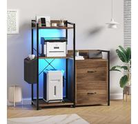 GarveeMore Meuble classement 2 tiroirs avec étagère Ouverte et LED intégré | Prise Intégrée | Meuble Classement 2 Tiroirs Avec Étagère Ouverte | Chariot Sur Roulettes Pour Bureau À Domicile