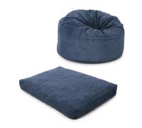 GarveeMore Pouf géant Convertible 2-en-1 Fauteuil + lit d’appoint, Mousse Haute densité, Housse Velours côtelé Amovible Lavable, sans Montage - Bleu Marine, Full Ø110xH70 cm, Matelas 190x135x25 cm