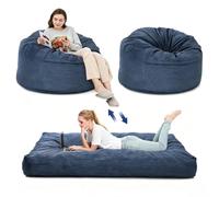 GarveeMore Pouf géant Convertible 2-en-1 Fauteuil + lit d’appoint, Mousse Haute densité, Housse Velours côtelé Amovible Lavable, sans Montage - Bleu Marine, Full Ø110xH70 cm, Matelas 190x135x25 cm
