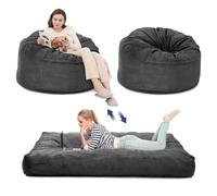 GarveeMore Pouf géant Convertible 2-en-1 Fauteuil + lit d’appoint, Mousse Haute densité, Housse Velours côtelé Amovible Lavable, sans Montage - Gris foncé, Full Ø110xH70 cm, Matelas 190x135x25 cm