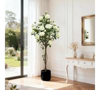 GarveeMore Rosier Artificiel Topiaire Blanc 150 cm en Pot | Fleurs réalistes en soie - Tige droite en plastique, déco d’intérieur salon/entrée, sans entretien - Pot blanc/noir