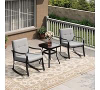 GarveeMore Salon de Jardin Bistro 3 pcs, 2 fauteuils à Bascule + Table Verre trempé - Acier Toutes Saisons - Coussins épais - Balcon/terrasse - Gris - Couleur : Seat Board with + Gray
