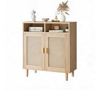 GarveeMore Style Ferme Moderne en rotin - Buffet de Bar avec 2 Portes, étagère réglable + Compartiments Ouverts, Pieds en Bois, Meuble de Rangement Cuisine/entrée, Bar à café/Console TV - Single
