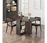 GarveeMore Table à Manger Pliante Extensible - 2 étagères de Rangement, Plateau Rabattable, 6 roulettes - pour Petit Espace, Cuisine ou Salle à Manger - Pratique et Mobile - Noyer foncé avec poignée,