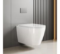 GarveeMore WC suspendu fresque murale rimless en céramique blanche - cuvette compacte D-Form 55,5 cm (36 x 55,5 x 35 cm) - chasse 360° - abattant UF fin soft close déclipsable - European rimless large