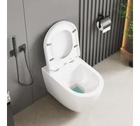 GarveeMore WC suspendu fresque murale rimless en céramique blanche - cuvette D-Shape 55,5 cm gain de place - chasse silencieuse - abattant UF soft close déclipsage rapide - European rimless large D +