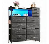 GarveeTech Chiffonnier 11 tiroirs en Tissu avec LED (appli) & Station de Frais USB/Prises - Cadre métal, Plateau Bois, Poches, Crochets, Anti-basculement - Armoire de Rangement - Couleur: Adecco