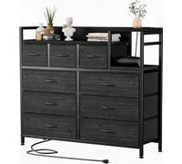 GarveeTech Commode d’entrée 9 tiroirs en Tissu - Grand Rangement - Structure métal/Bois, étagère, Station de Courant USB + Prises AC, Pieds réglables - pour Couloir/entrée - Noir Effet Cuir