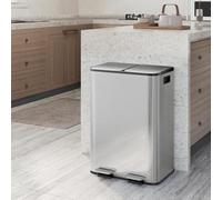GarveeTech Poubelle Cuisine 2 x 30L Inox 410, Tri Sélectif 60L Double Compartiment avec Pédales Métal, Couvercle Fermeture Douce et Maintien Ouvert, Seaux Amovibles, Filtre Anti-Odeur, Inox Argenté