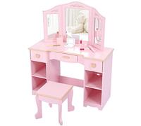 GarveeTech Set Coiffeuse Enfant Avec Tabouret & Miroir Tri-Pliant | Table de maquillage en bois, 3 tiroirs + étagères de rangement, style princesse, pour filles 4-9 ans