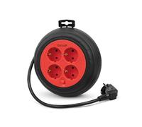 Garza - Enrouleur de câble 3 m rouge et noir, 4 prises Schuko, sécurité enfants, protection contre les surtensions et la surchauffe, pour usage intérieur