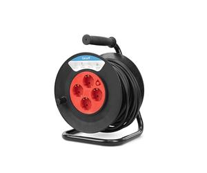 Garza - Enrouleur de câble pour l'intérieur 25 m, 4 prises Schuko avec mise à la terre, sécurité enfants, protection contre les surtensions et la surchauffe, boîtier robuste rouge-noir