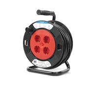 Garza - Enrouleur domestique intérieur 15 m, 4 prises Schuko avec prise de terre, protection enfant, contre les surtensions et la surchauffe, coque rouge et noire, garantie 3 ans