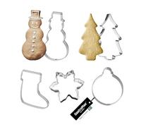 GastroMax Emporte-Pièces Noël, Set de 5 en Acier Inoxydable | Sapin, bonhomme de neige, chaussette, flocon et boule pour biscuits, pain d’épices, pâte et fondant