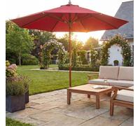 Gastronomie Parasol en bois HWC-C57, Parasol de jardin, polyester/bois 14kg, rond Ø3m corde antichoc ~ bordeaux